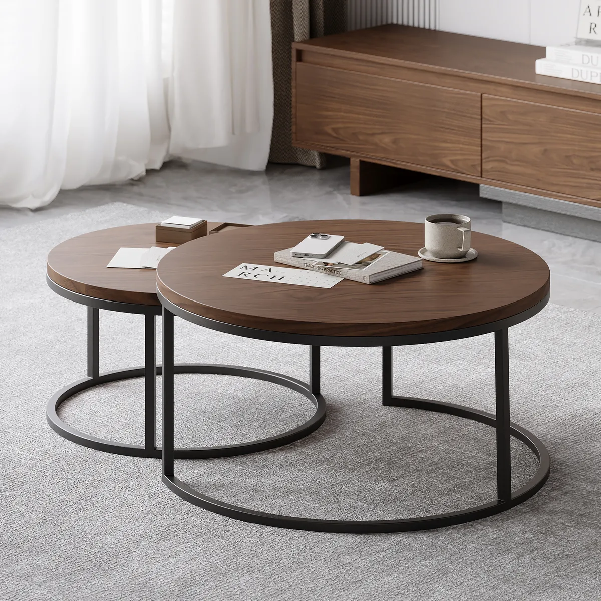 Living Room Cabinet Set Rectangle Gray Extendable TV Stand & Wood Round Nesting Coffee Table — image 23