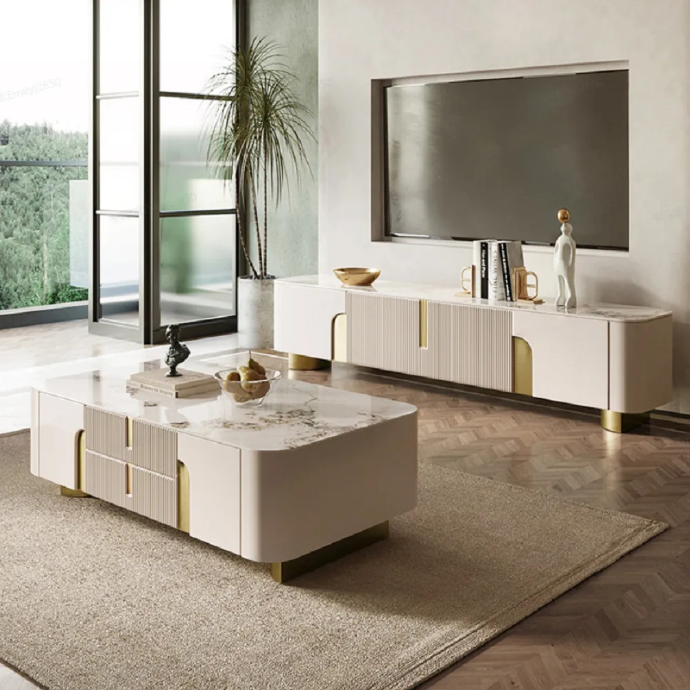 Living Room Cabinet Set Stone Top Beige & Gold TV Stand & Beige Rectangle Large Coffee Table Set — image 2