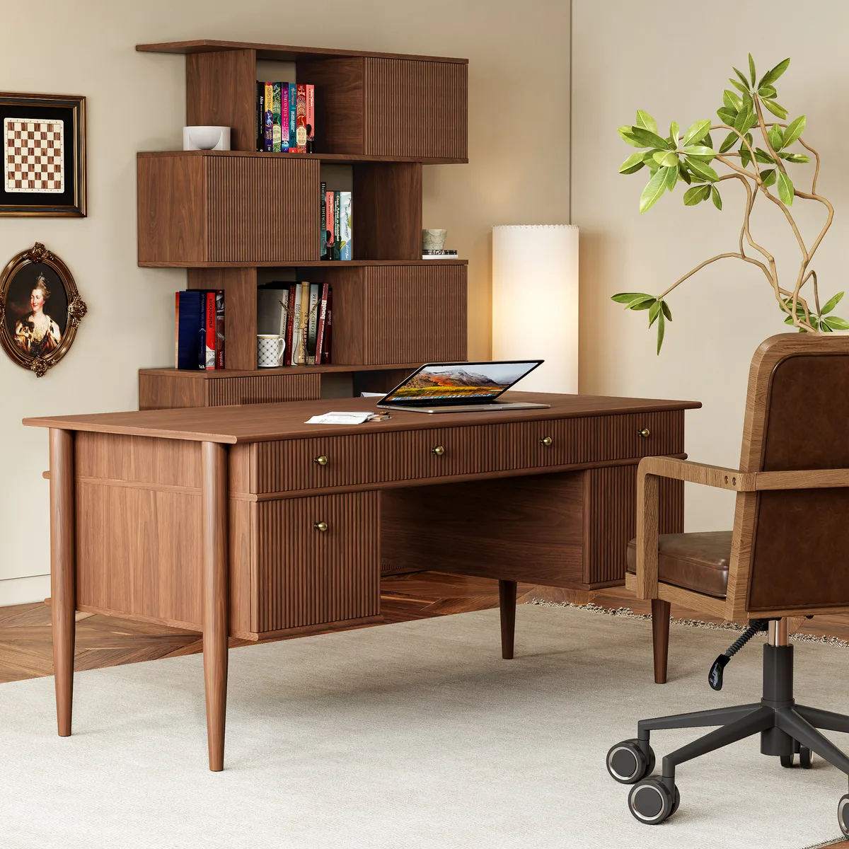 5-Shelf Walnut Bookshelf Etagere Tall Bookcase for Home & Office (72.8" High) — image 5