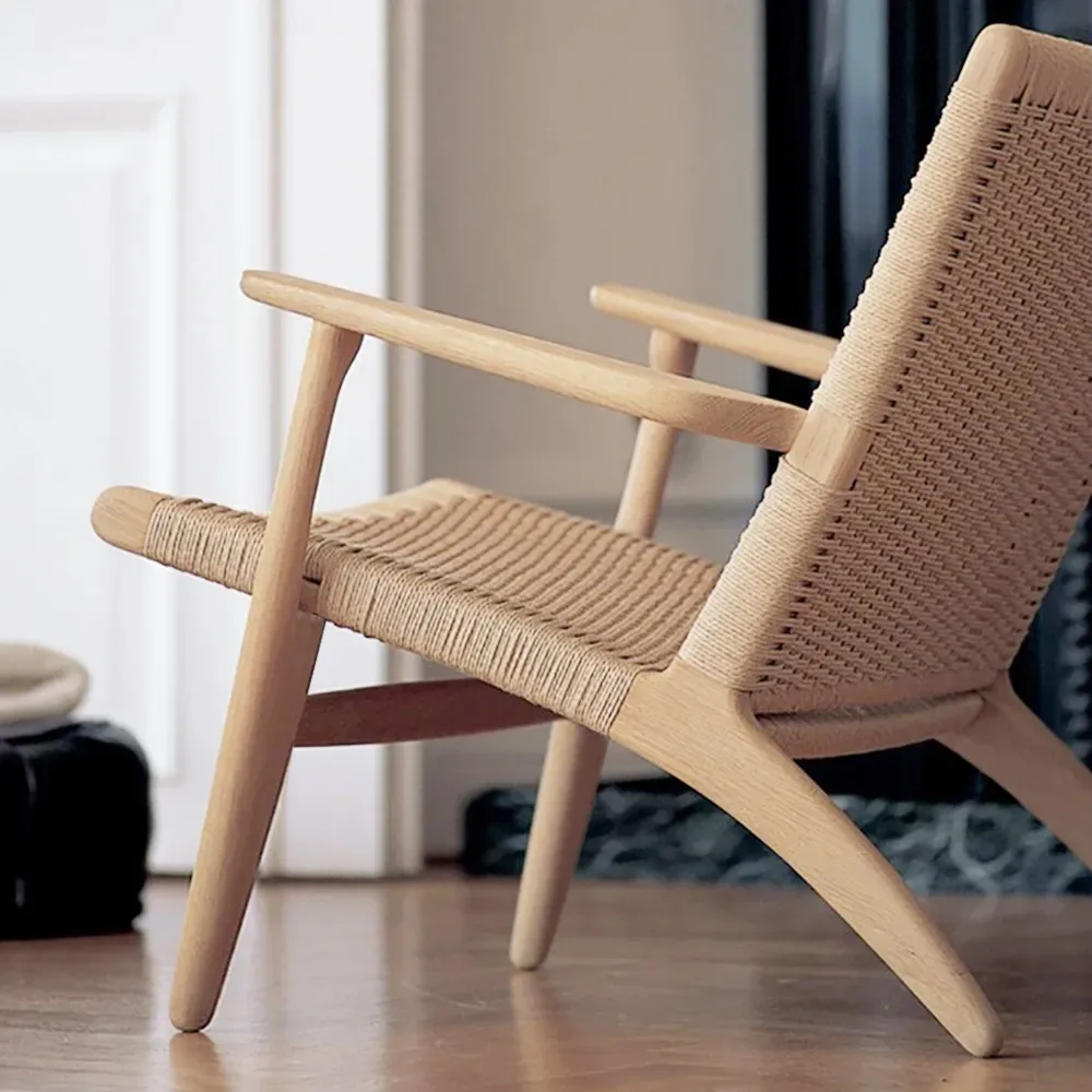 Japandi Solid Wood Outdoor Patio Lounge Chair Armchair Kraft Paper Rope Woven Seat — image 4