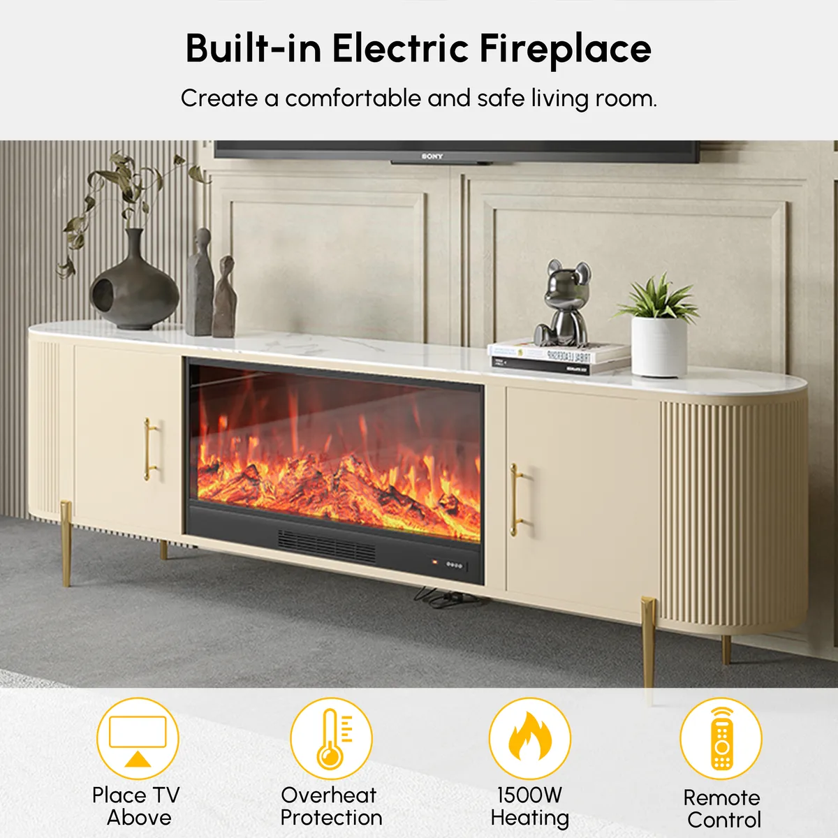 78.7" Sintered Stone Top Electric Fireplace TV Stand with Remote Control and Storage — image 7