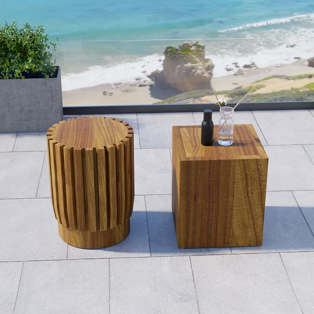 2 Pieces Rustic Round & Rectangle Teak Wood Outdoor Coffee Table Set — image 7