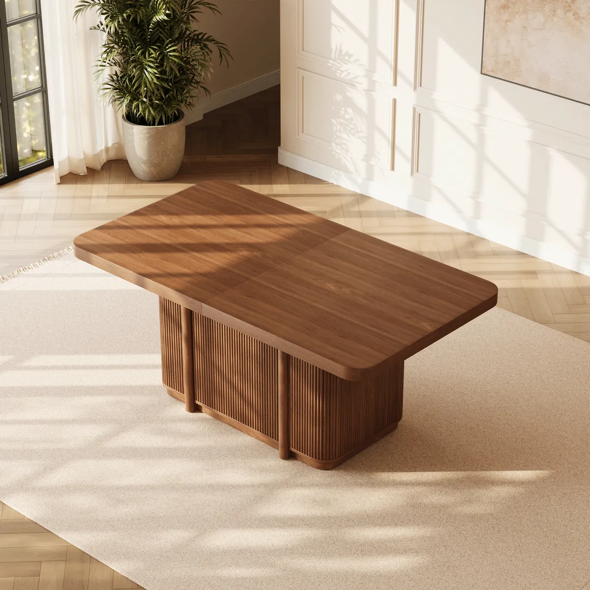 Lineva 71"–91" Extendable Walnut Dining Table with Fluted Base, Seats 6–8 — image 4