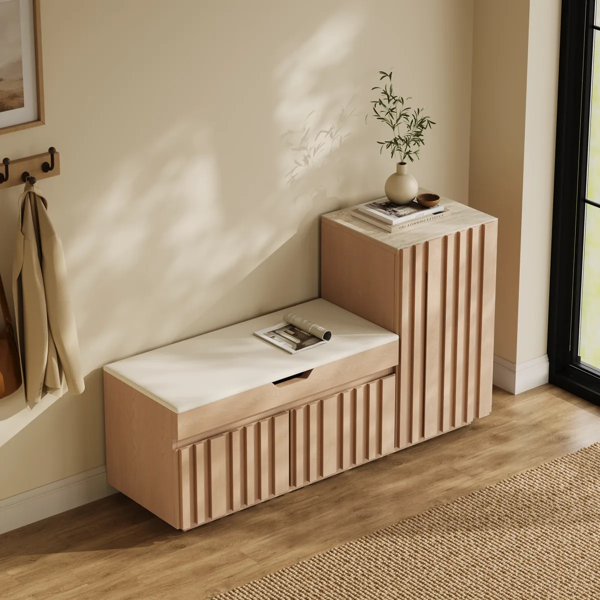 Aura 47” Wooden Shoe Storage Bench with Right-Side Cabinet for Entryway — image 13
