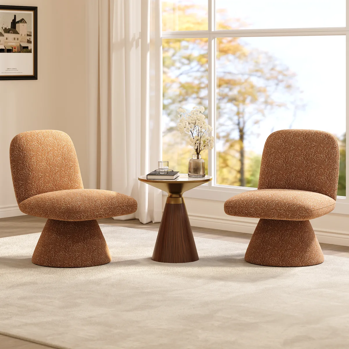 18" Modern Orange Boucle Swivel Accent Chair Sculptural L-Shaped Slipper Lounge Chair — image 14