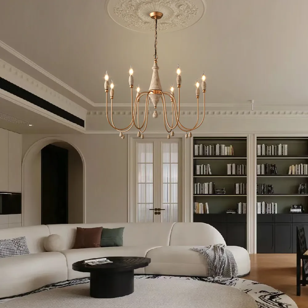 Mid-Century 8-Light Candle-Style Chandelier with Gold Ovated Wood Farmhouse Modern Pendant Light — image 4