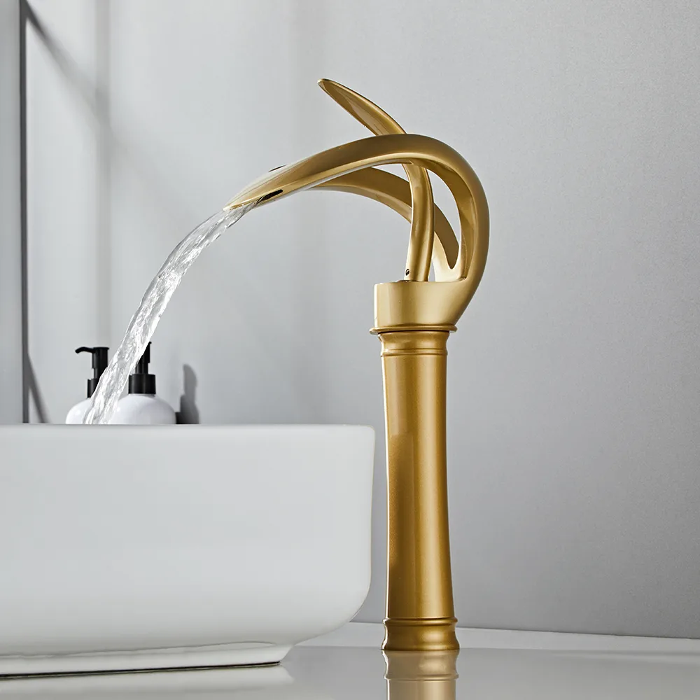 Modern Gold Waterfall Bathroom Vessel Sink Faucet Single Handle Solid — image 3