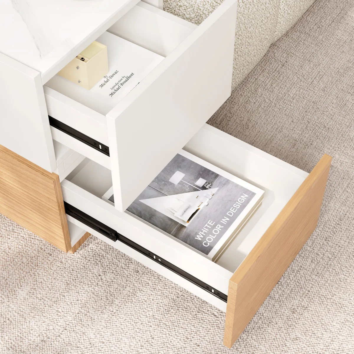 Travertine Stone Top Narrow Smart Side Table with Storage Modern Walnut End Table with USB Charging — image 29