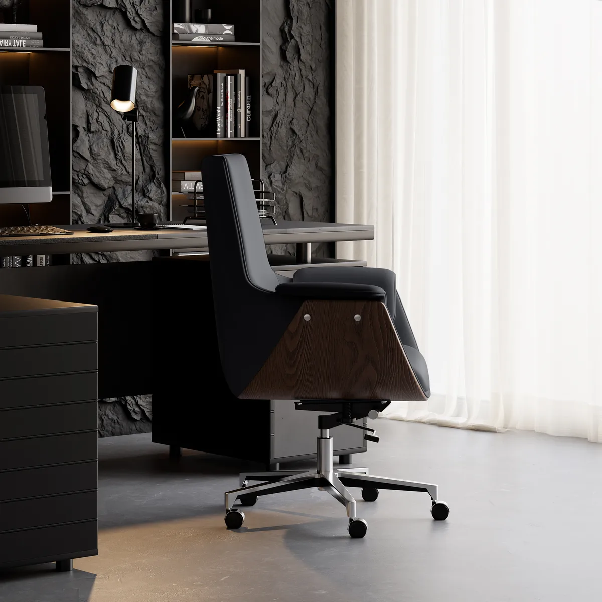 Black Leather Modern Home Office Chair Upholstered High Back Desk Chair Wood Grain Frame — image 6