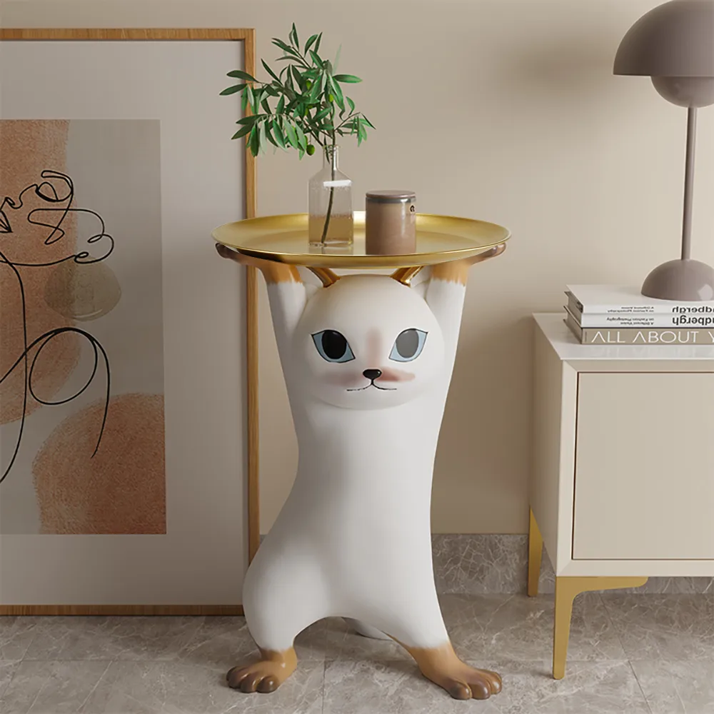 Modern Cat Side Table Decorative Cocktail Table Floor Resin Figurine with Gold Tray End Table — image 2
