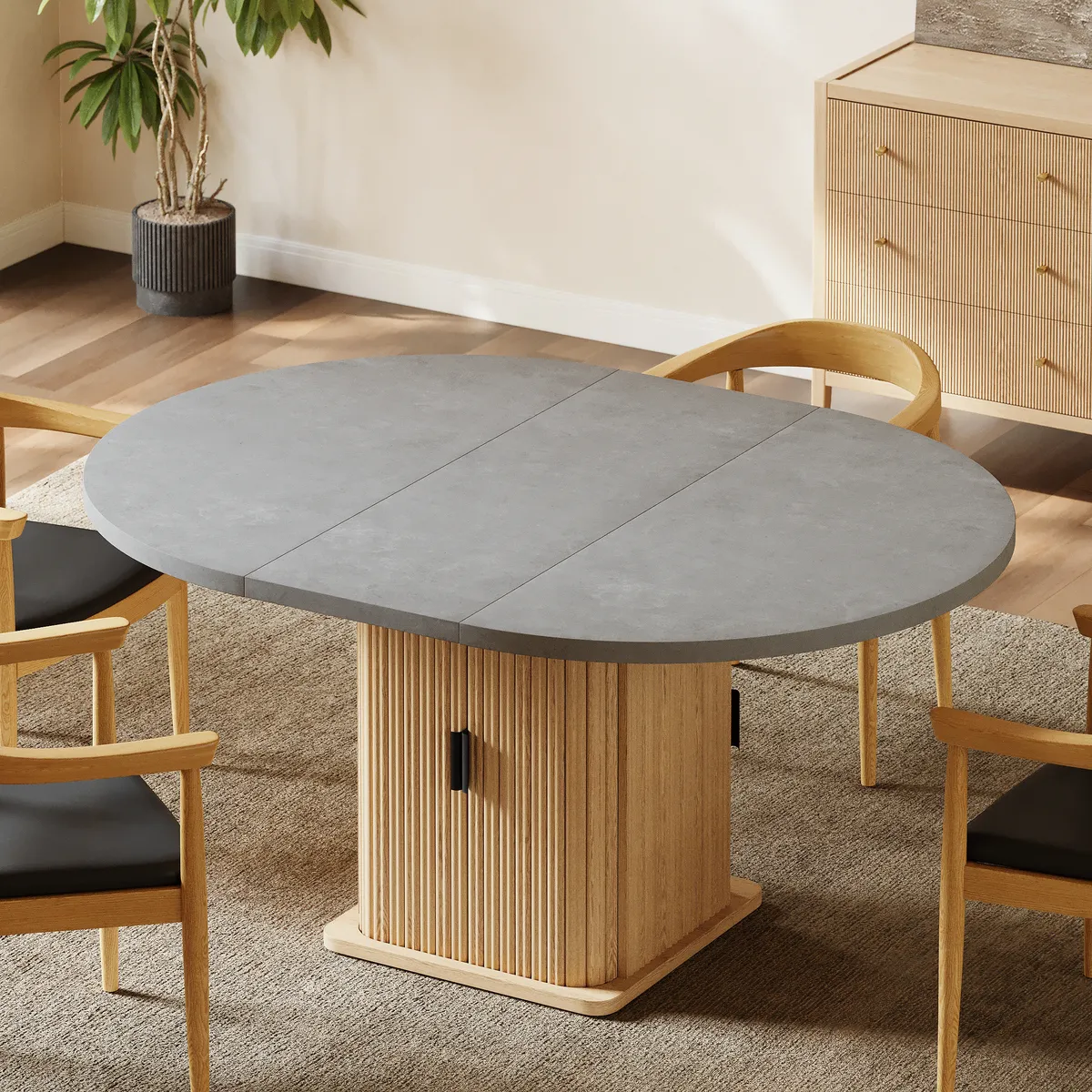 47"-63" Gray Extendable Dining Table Modern for 6 with Fluted Base & Storage — image 5