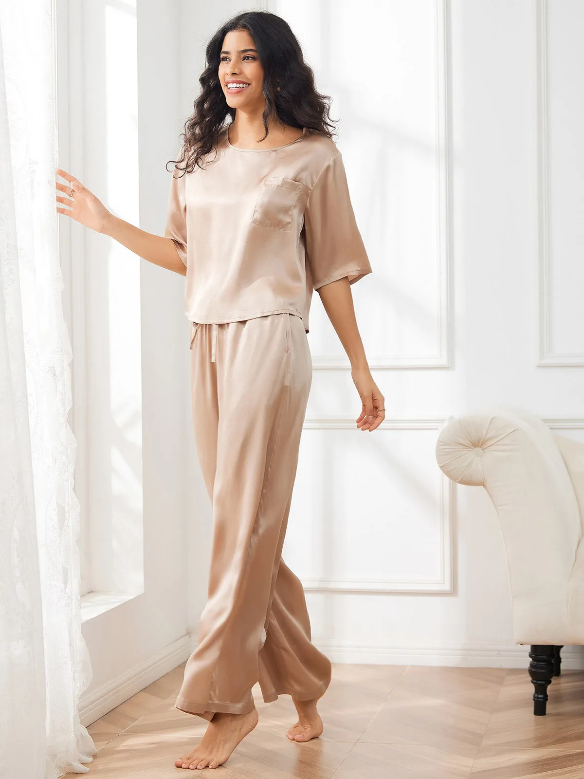Women's 100% Mulberry Silk Half Sleeve Round Neck Pajamas Set — image 4