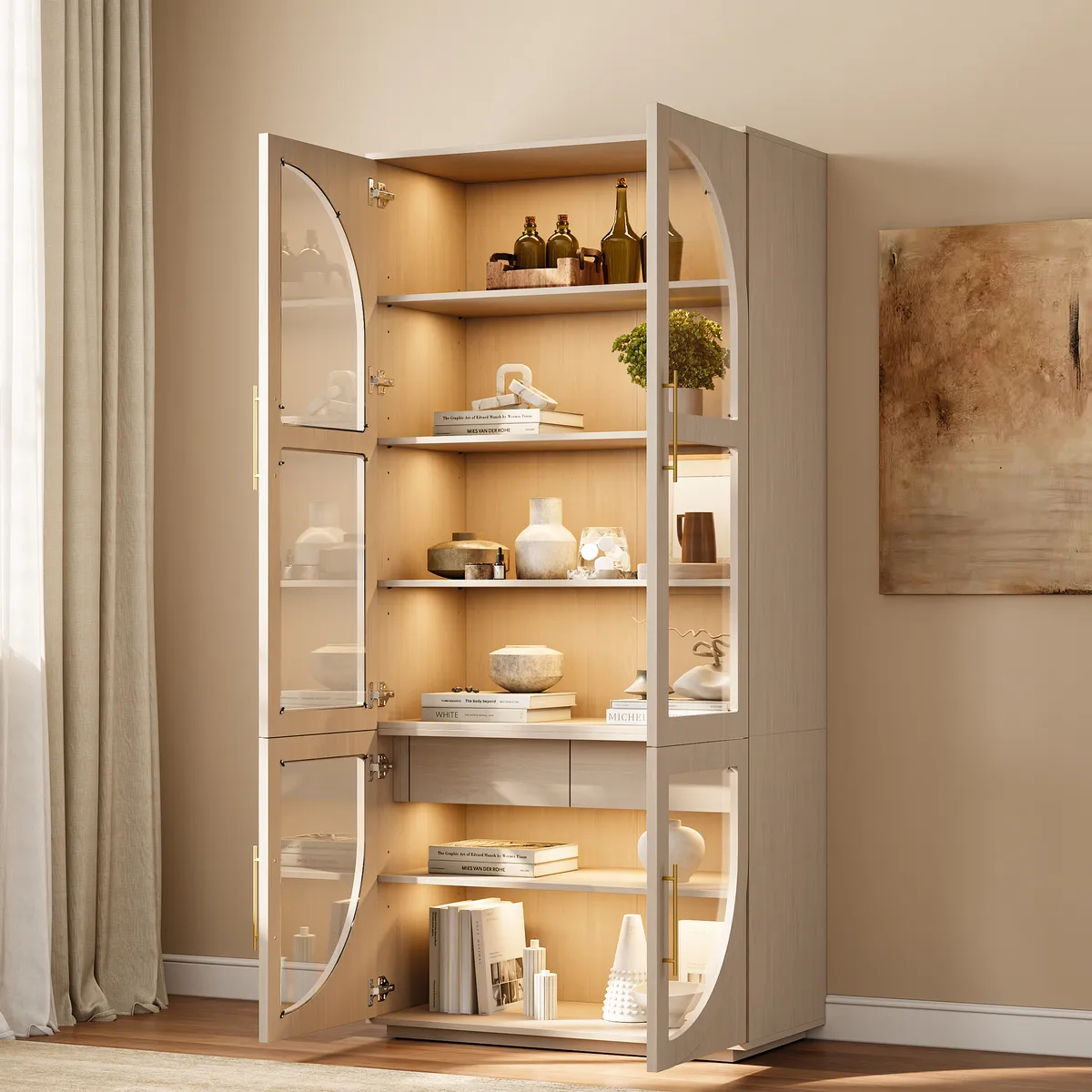 Arune Glass Tall Display Cabinet with Drawers & LED Light — image 27