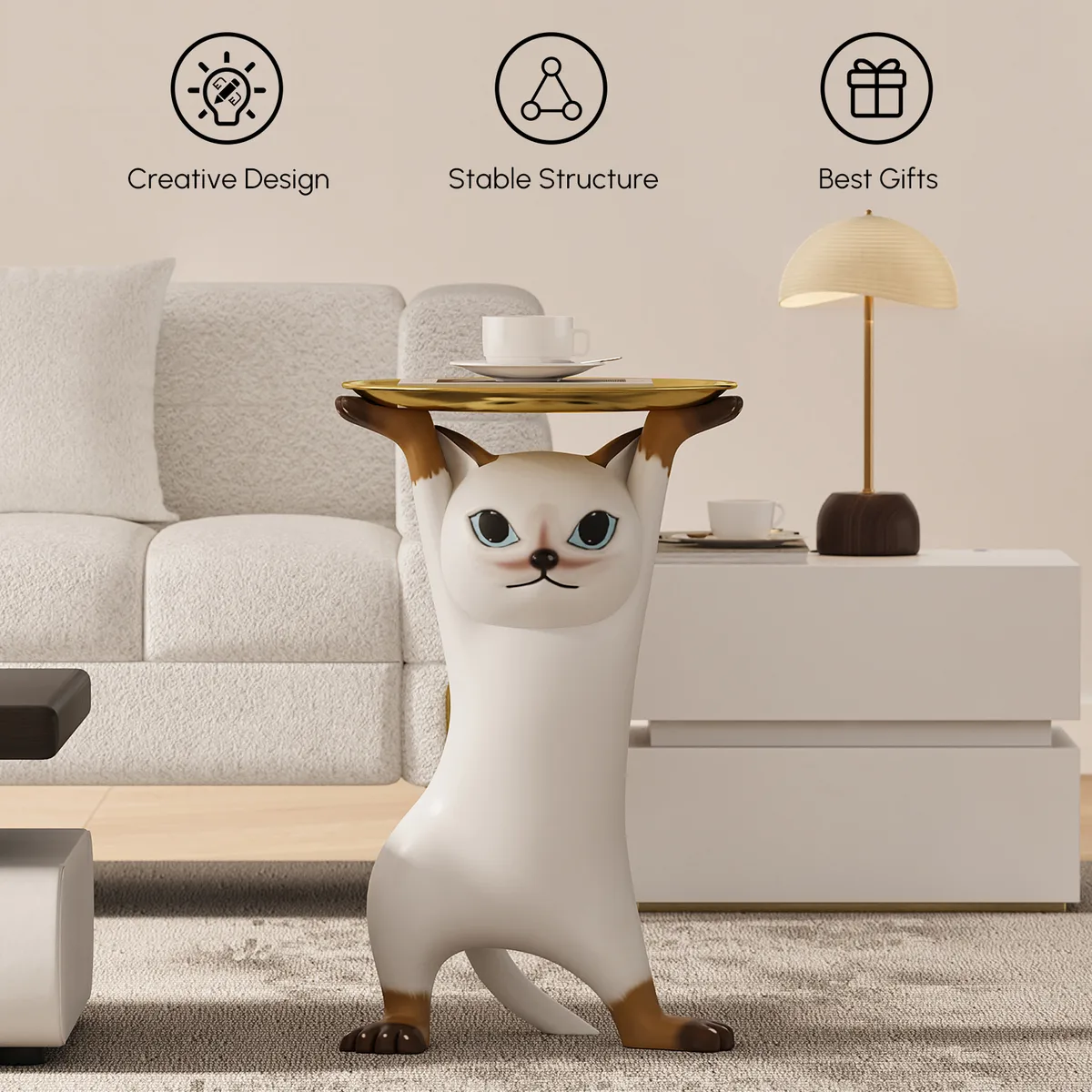 Modern Cat Side Table Decorative Cocktail Table Floor Resin Figurine with Gold Tray End Table — image 5