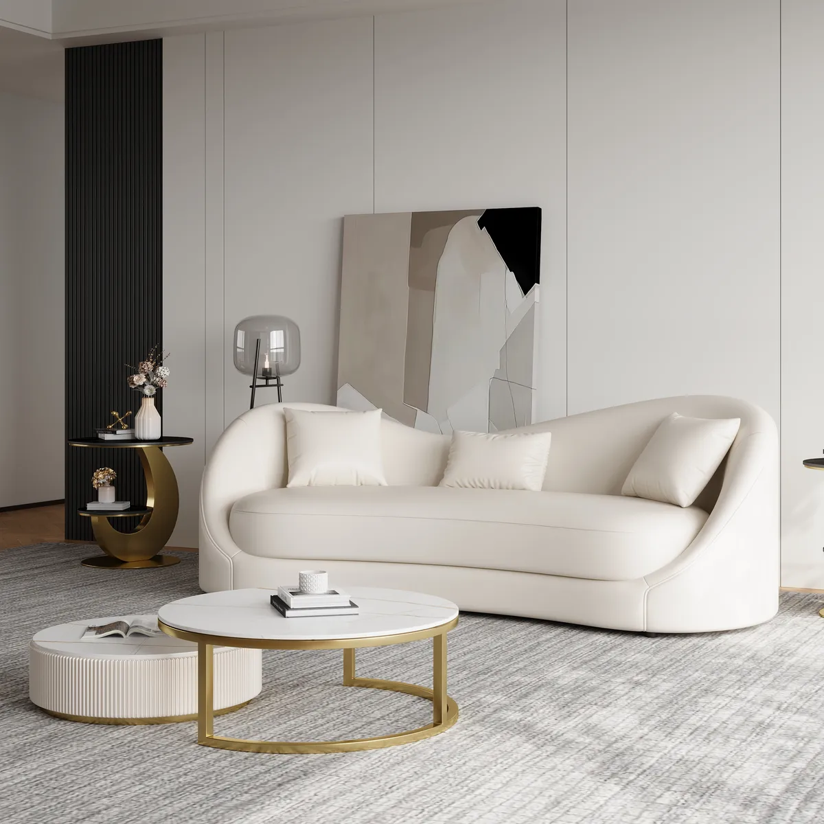 84" Performance Leather Curved Upholstered Sofa with Pillows — image 5