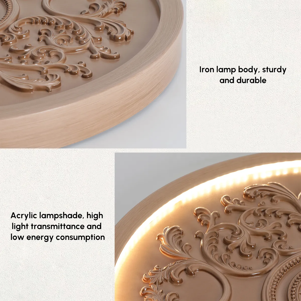 French Elegant White Resin 3D Carved LED Dimmable Flush Mount Ceiling Light — image 6