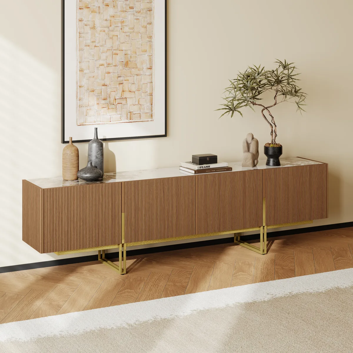 87" Stone Top Walnut TV Stand Minimalist Media Console with 4 Doors & 6 Shelves — image 2