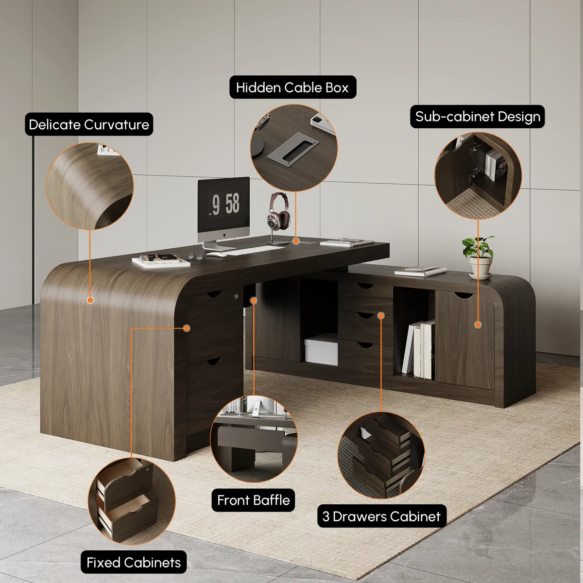 Chicent 71'' L-shaped Smoked Brown Computer Desk with Cabinet Left Hand — image 19