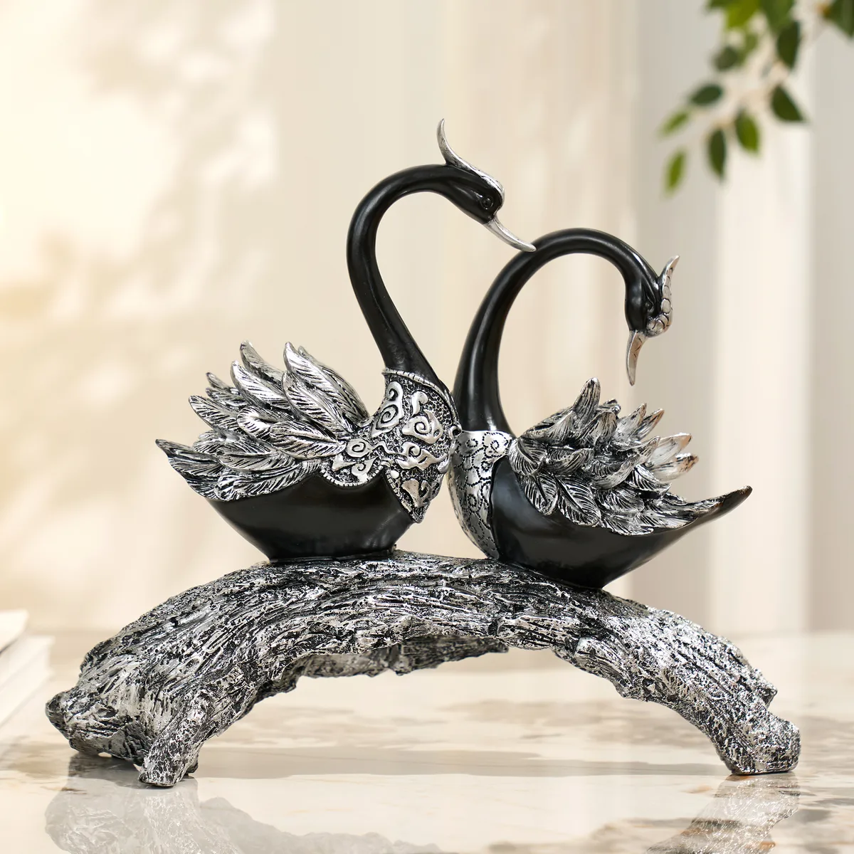 Swan Couple Resin Sculpture in Black & Silver for Home Table Decor — image 21