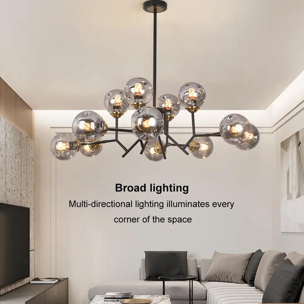 Modern Linear 12-Light Kitchen Island Light Black Chandelier with Globe Glass Shade Pendant Lighting — image 9