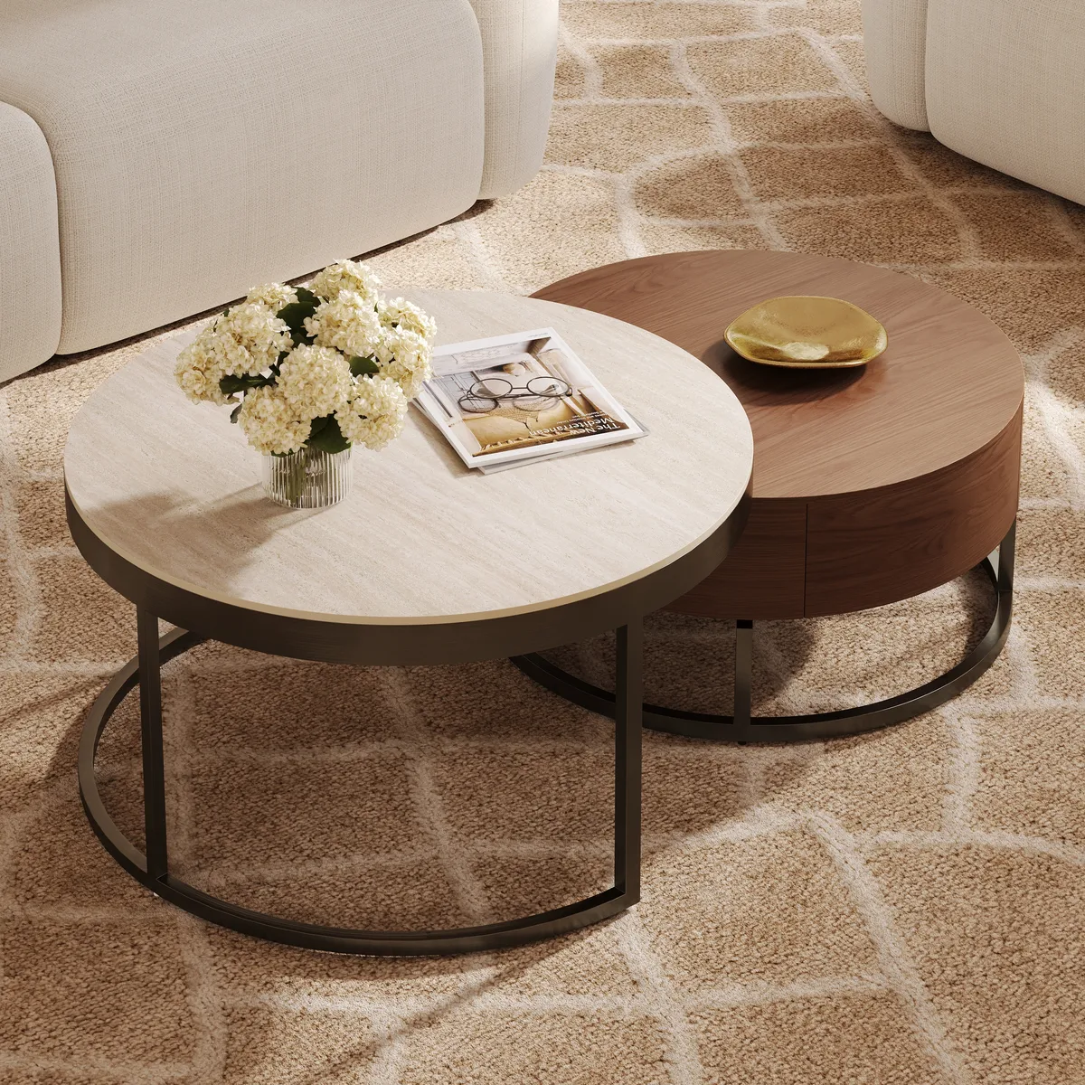 Nesnesis 28"-32" Round Nesting Walnut Coffee Table Set with Sintered Stone Top — image 2
