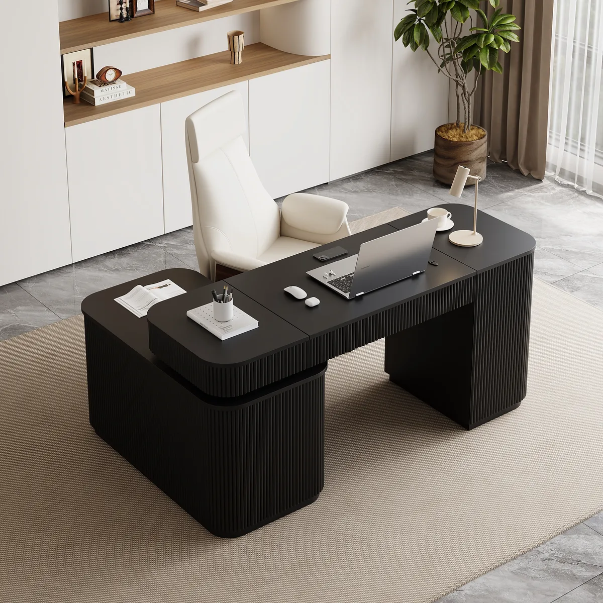Modern 65" L-Shape Natural Executive Desk with Right-Side Cabinet — image 5