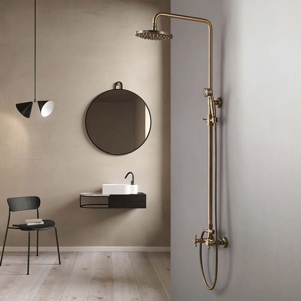 Classic Exposed Antique Brass Two Handle Round Rainshower Shower Fixture Solid — image 3