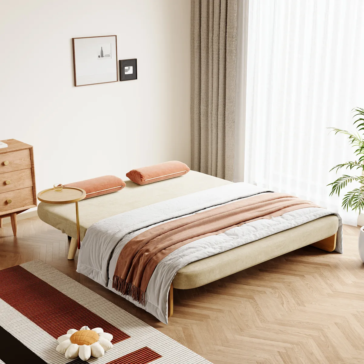 Futon Bed Twin Sleeper Sofa Convertible Chair Bed with Rattan Armrest — image 25