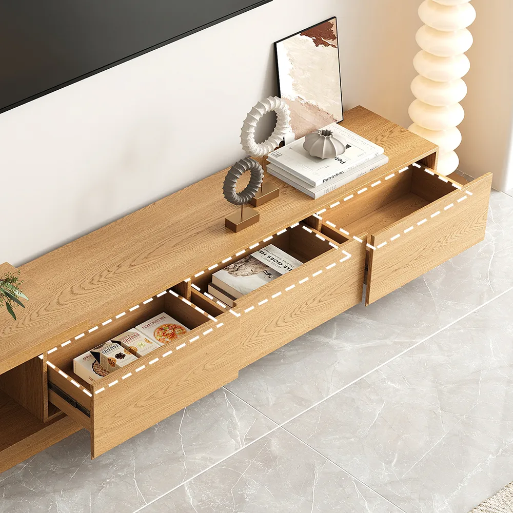 Quoint 100.4" Modern TV Stand Retracted & Extendable 3-Drawer Light Media Console — image 11