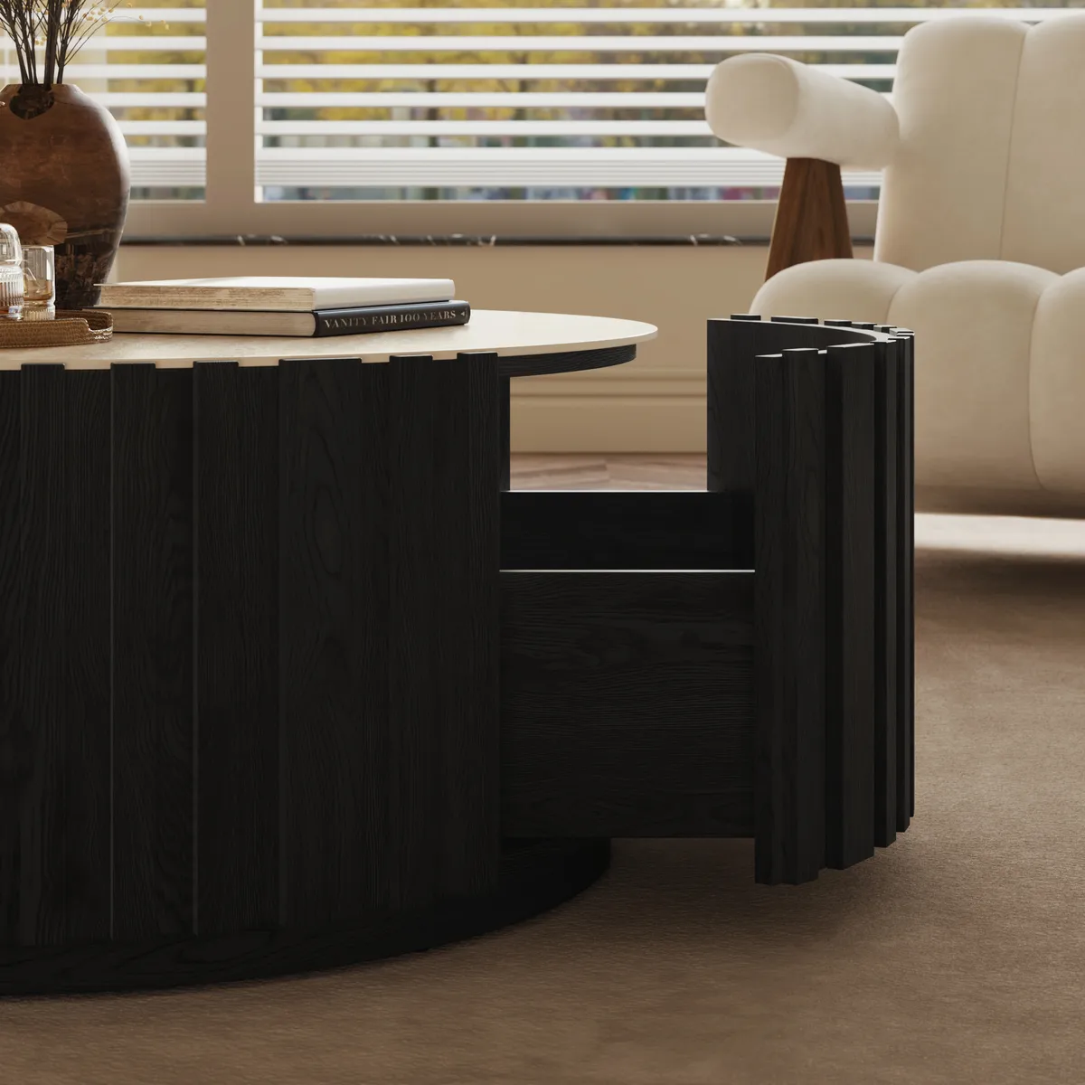 Aura 35" Ash Wood Slatted Round Coffee Table with Sintered Stone Top — image 11