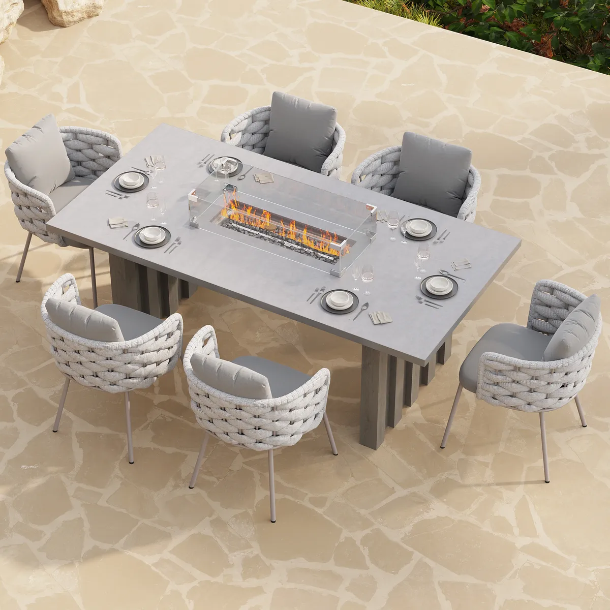 7 PCS Outdoor Propane Fire Pit Table & Rope Woven Armchair Rectangular Outdoor Dining Set Modern Yard &Ptio Furniture for 6 Person — image 5