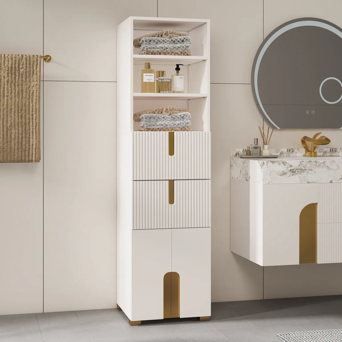 Artis 59" Bathroom Storage Cabinet – Freestanding Linen Tower with 2 Drawers & 2 Doors — image 13