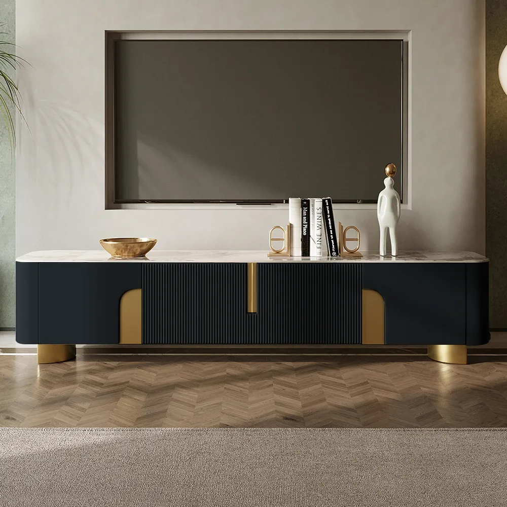 78.7" Stone Top Beige & Gold TV Stand with 4 Doors and Storage — image 11
