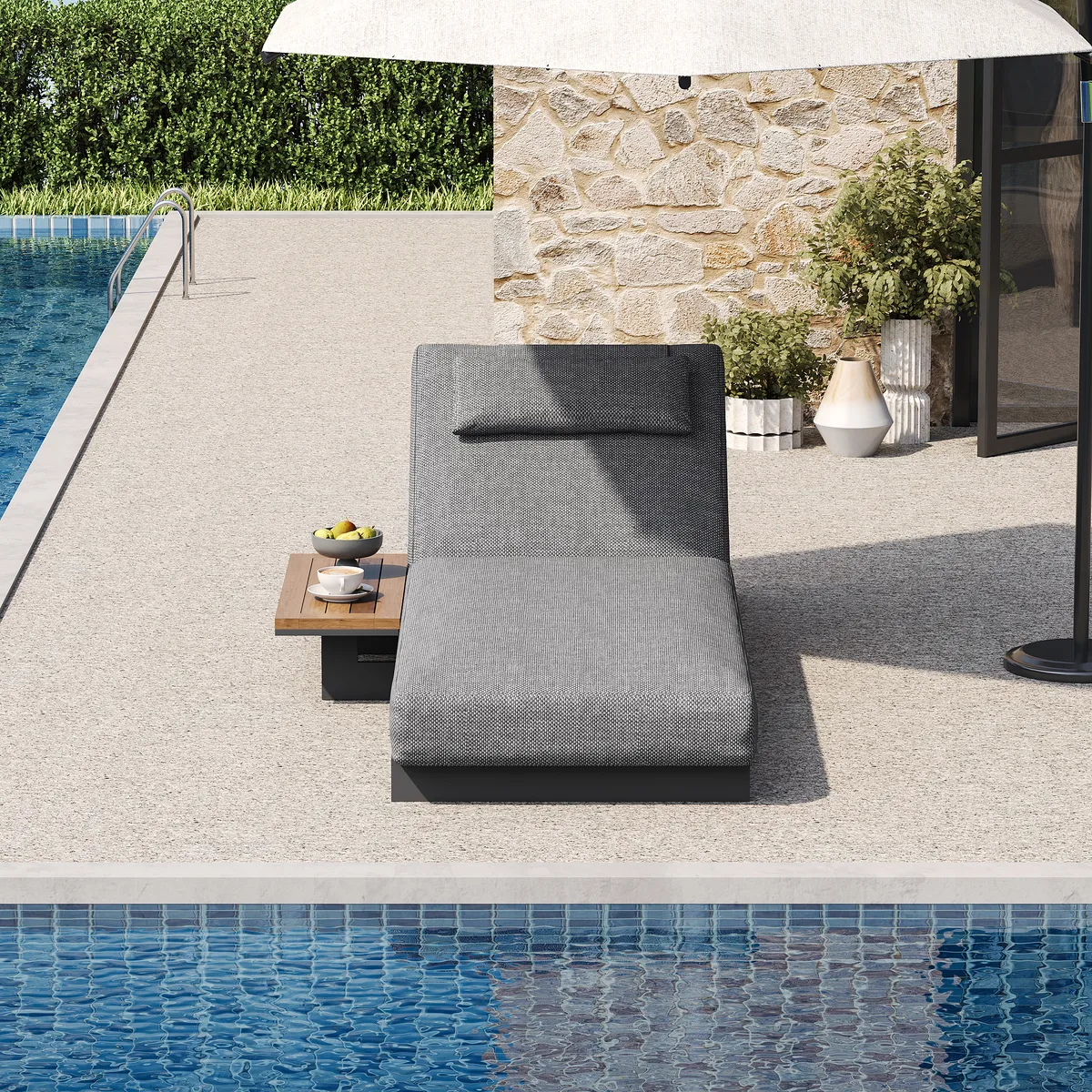 Tevara Single Outdoor Teak & Aluminum Adjustable Chaise Lounge with Black Cover — image 2