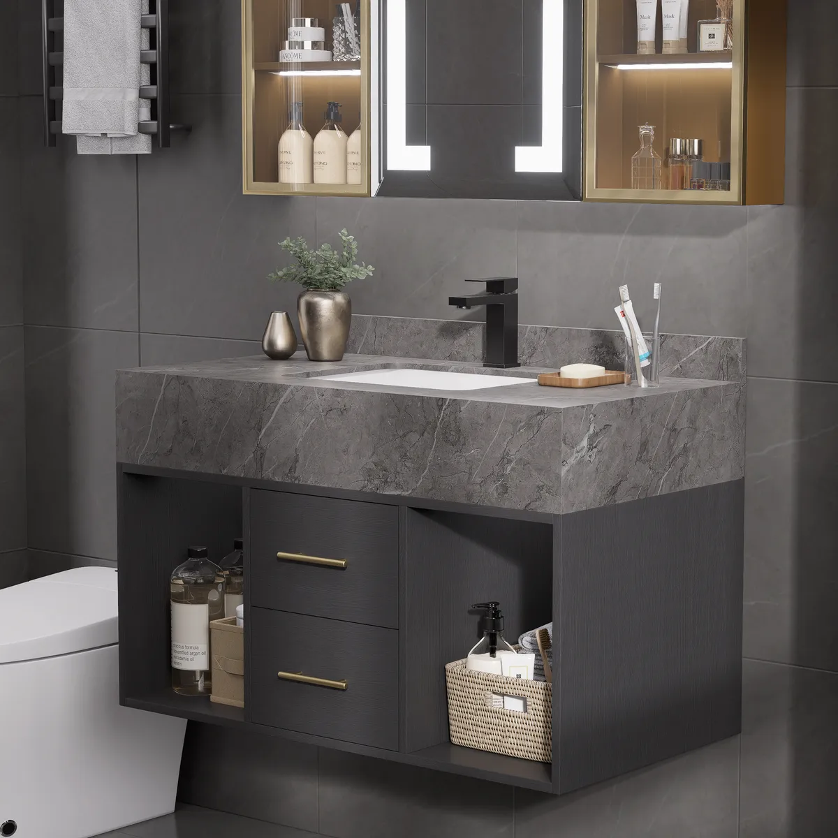 35.4" Floating Bathroom Vanity with Cultured Marble Vessel Sink with 2 Drawers — image 11