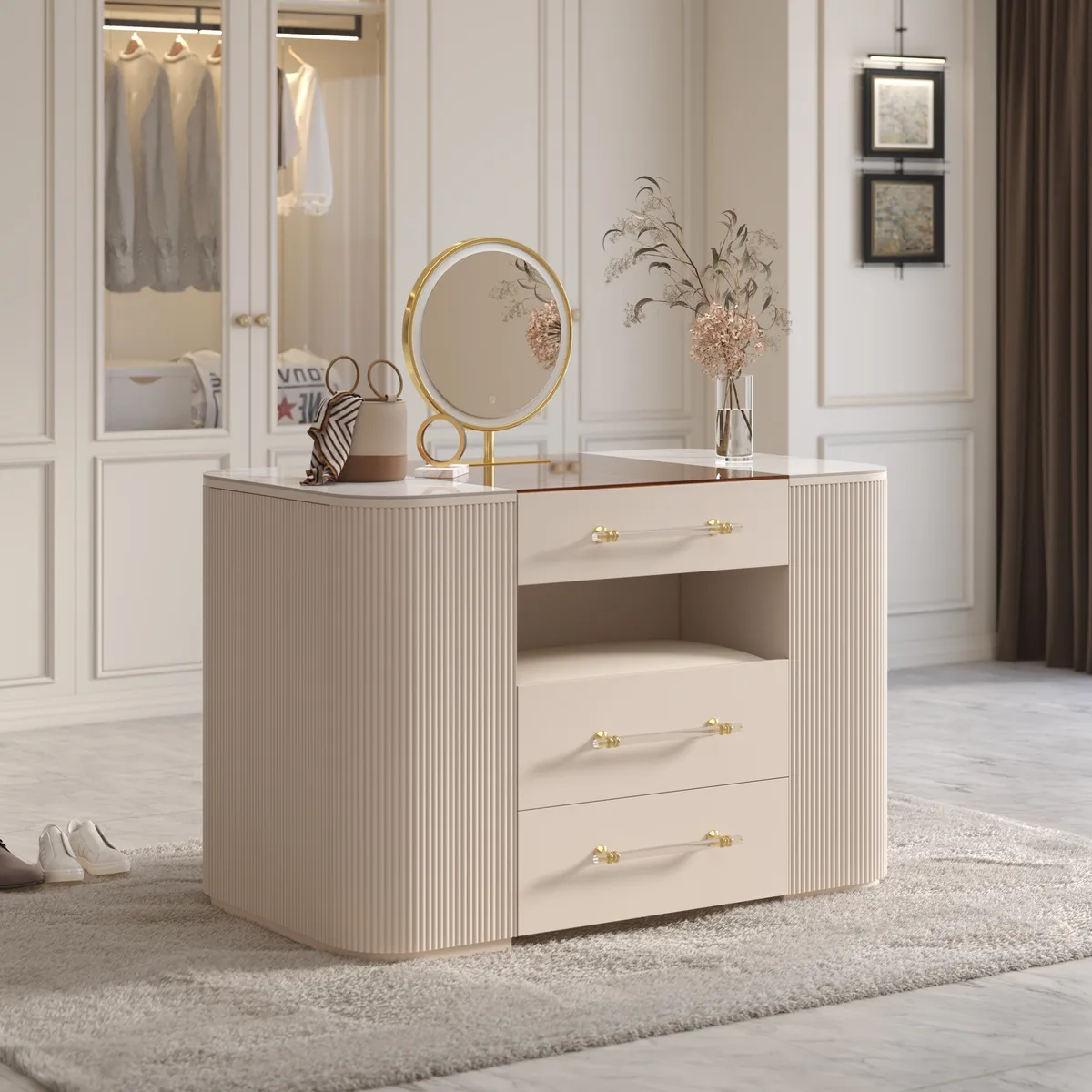 47" Tempered Glass Top Closet Island with Mirror & Jewelry Storage Dresser Vanity — image 3