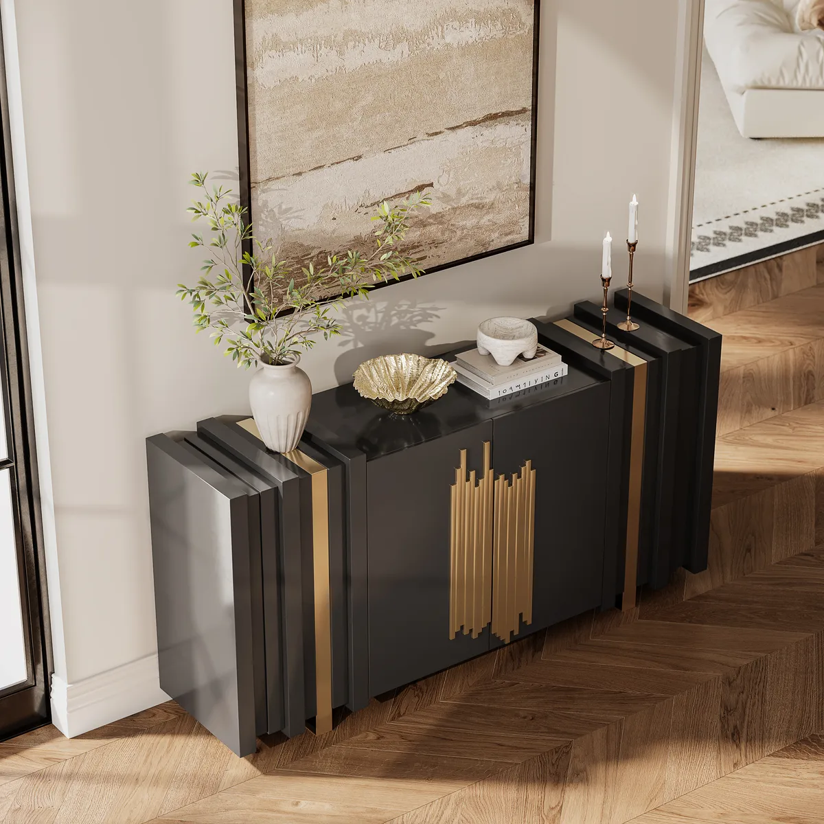Aurea 63" Light Luxury Sideboard Black Rectangular Buffet with 2 Doors 2 Shelves — image 2