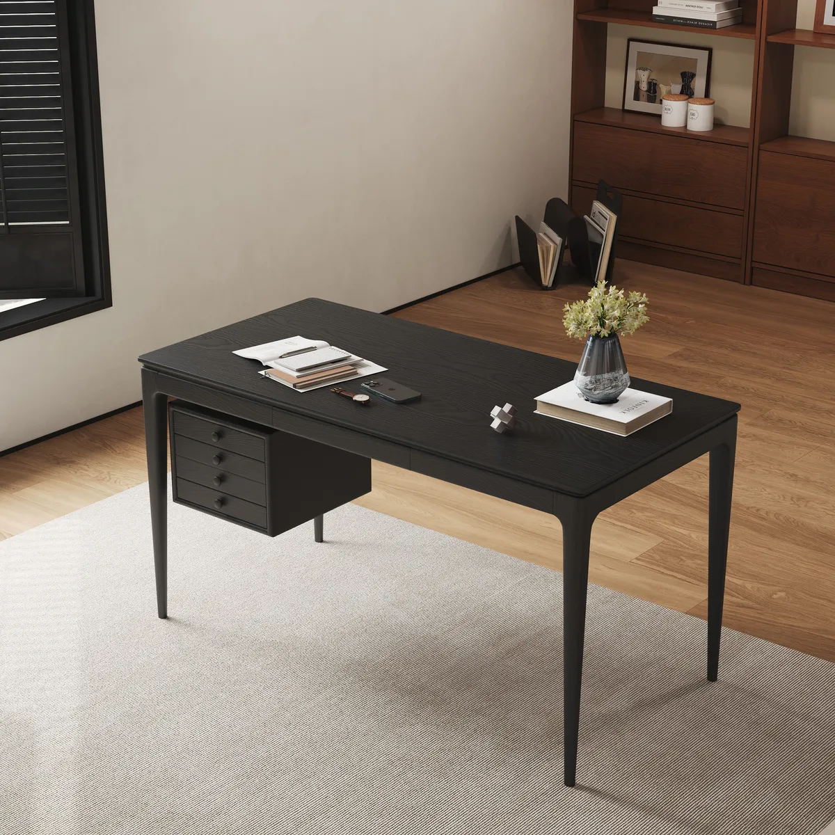 Mid-Century Style 55.1" Whitewash Ash Wood Home Office Desk with 3 Storage Drawers and Metal Accents — image 12