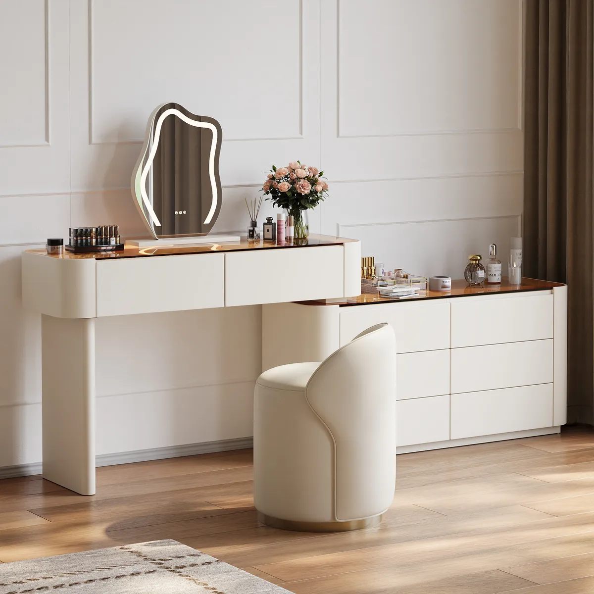 Modern Extendable Makeup Vanity Set Dresser Vanity with Mirror & Light (53"–87")
