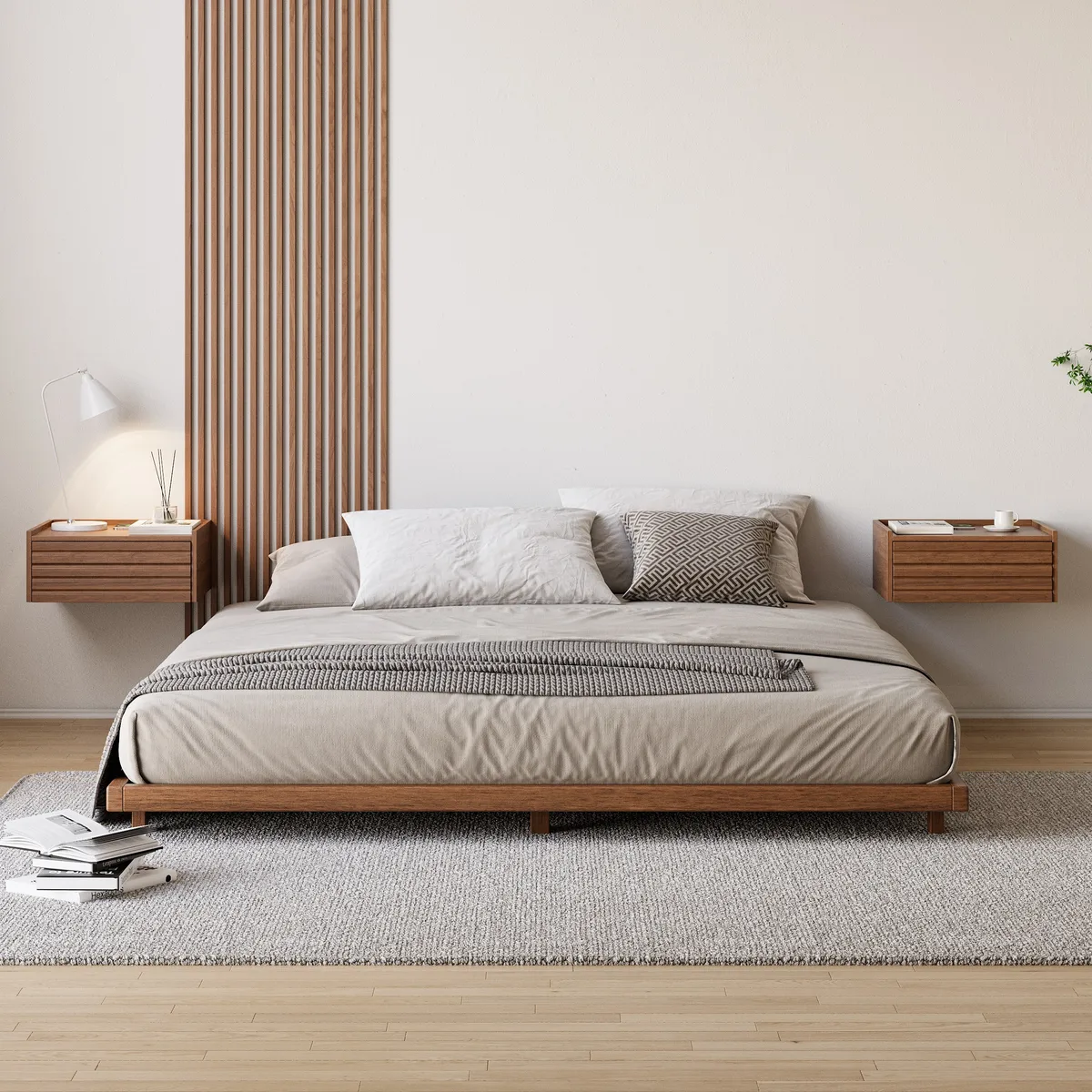 Wooden Floating Nightstand Modern Bedside Table with Charging Station Japanese Style — image 21