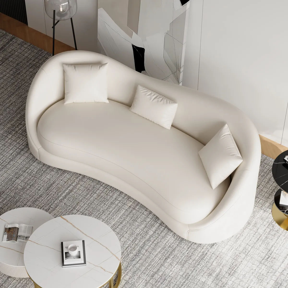84" Performance Leather Curved Upholstered Sofa with Pillows — image 4