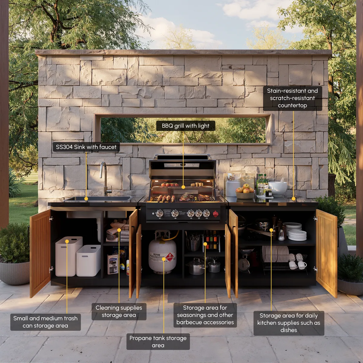 Tevara Modular Outdoor Barbecue Kitchen Cabinet with Propane Gas Grill Stainless Steel Movable BBQ Grilling Island in Black (118" W) — image 5