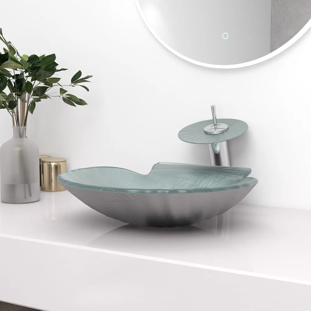 Vessel Transparent Shell Shaped Crystal Glass Bowl Bathroom Wash Sink with Faucet — image 7