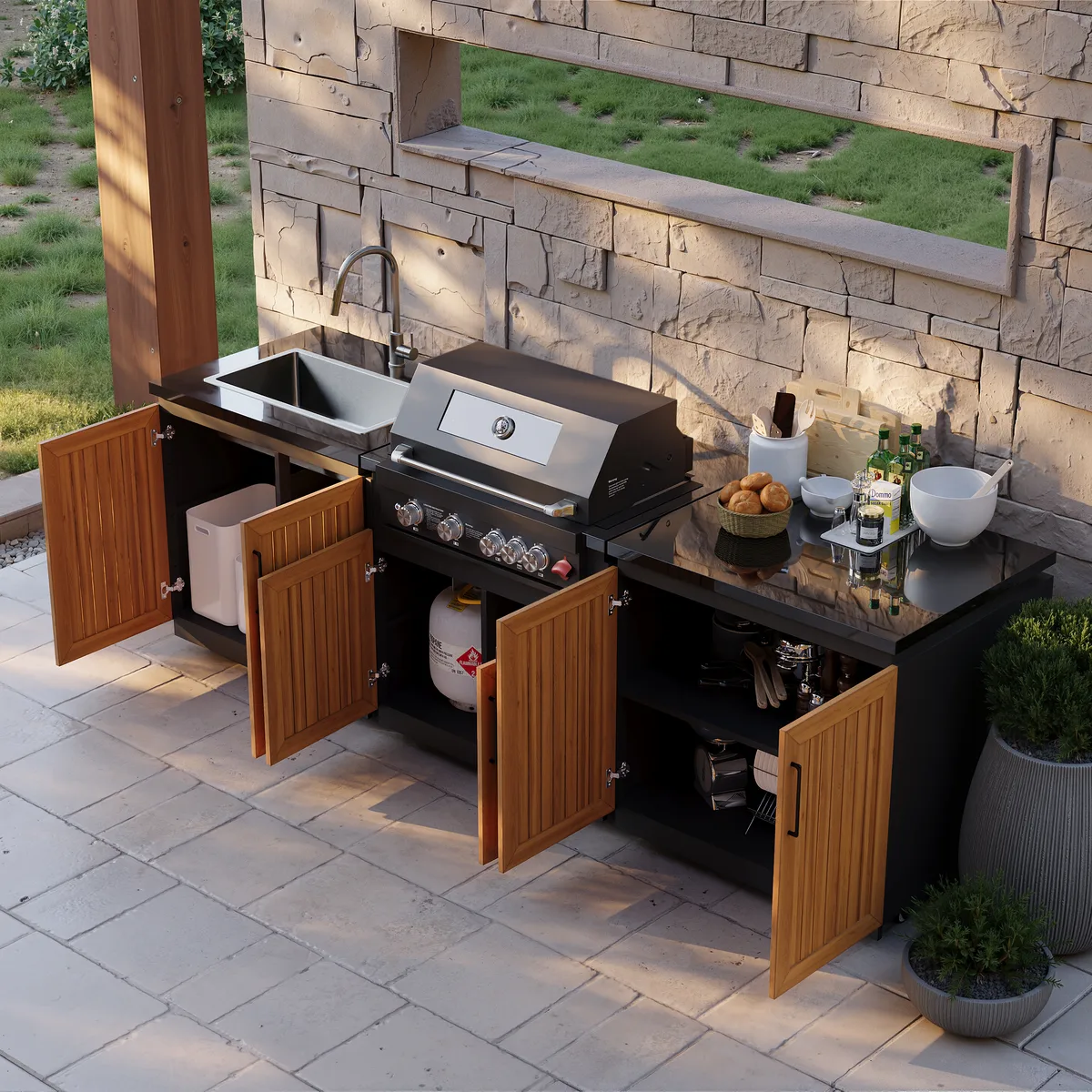 Tevara Modular Outdoor Barbecue Kitchen Cabinet with Propane Gas Grill Stainless Steel Movable BBQ Grilling Island in Black (118" W) — image 2