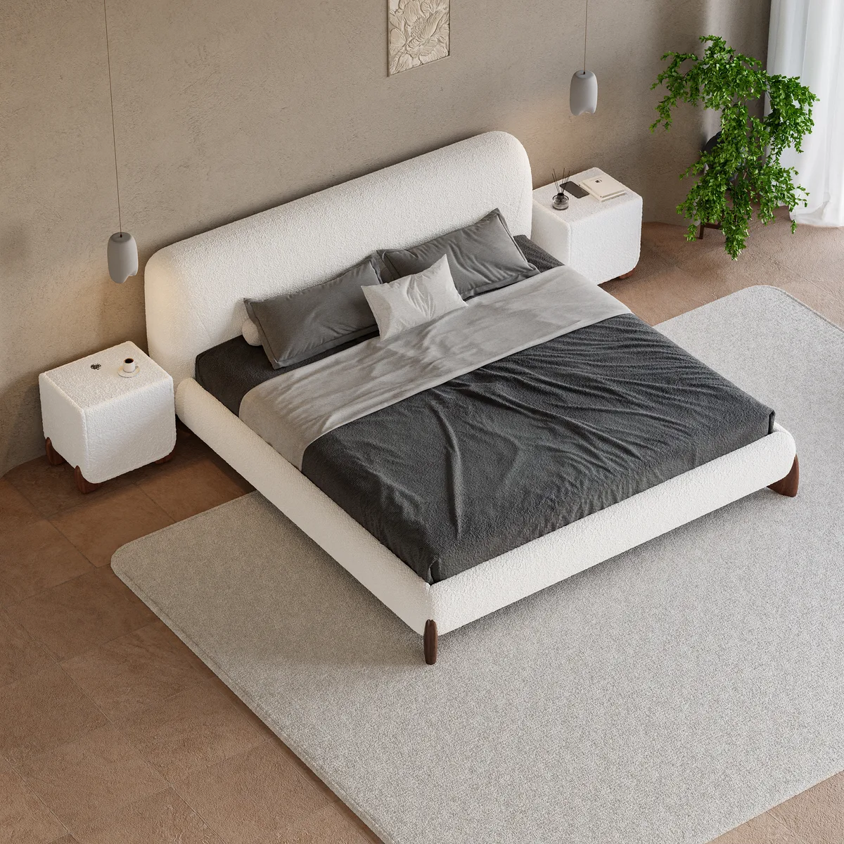 Modern White Boucle Platform Bed King Size Bed Frame & 2-Drawer Smart Boucle Nightstand — image 27