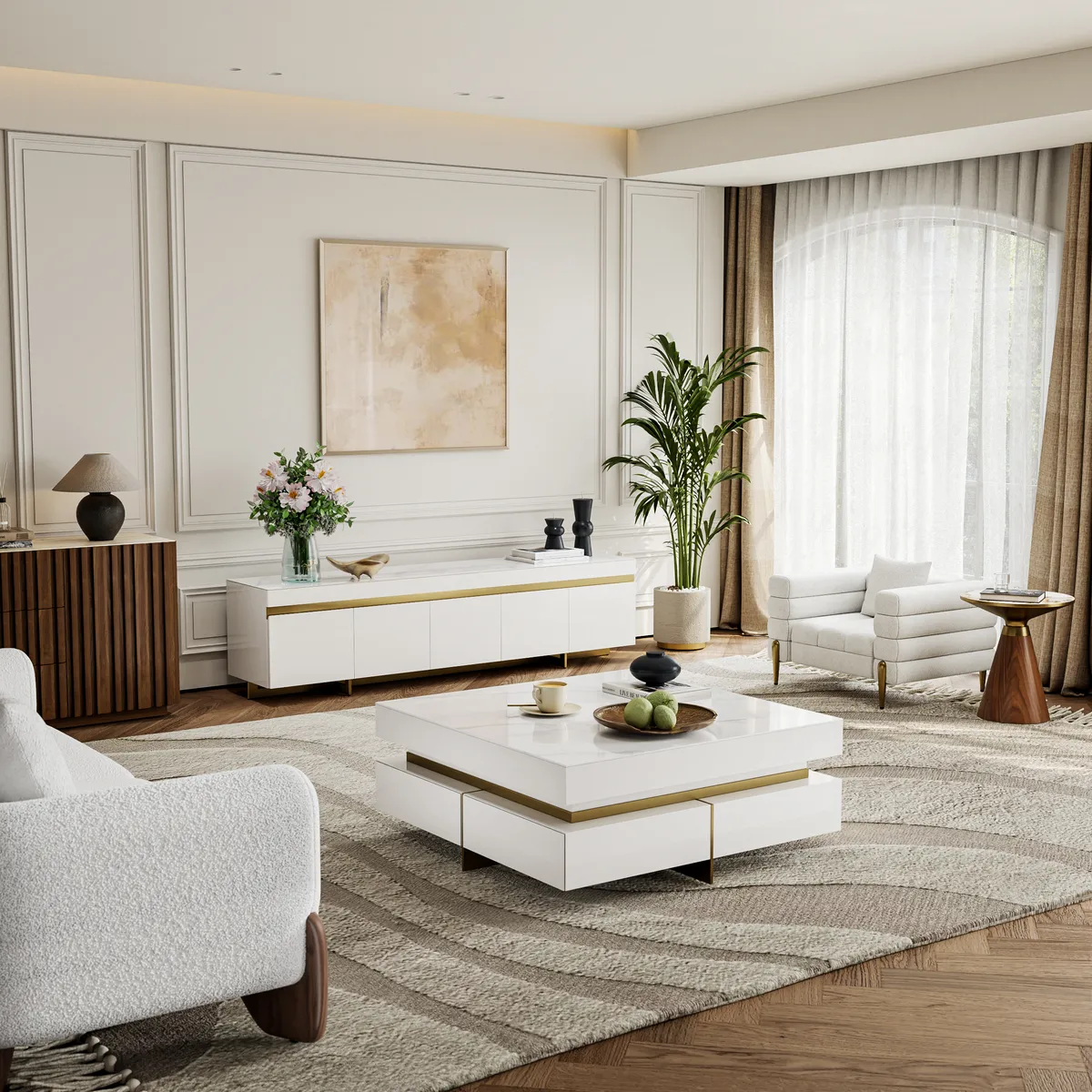 86" White Sintered Stone Top TV Stand with 4 Drawers — image 5