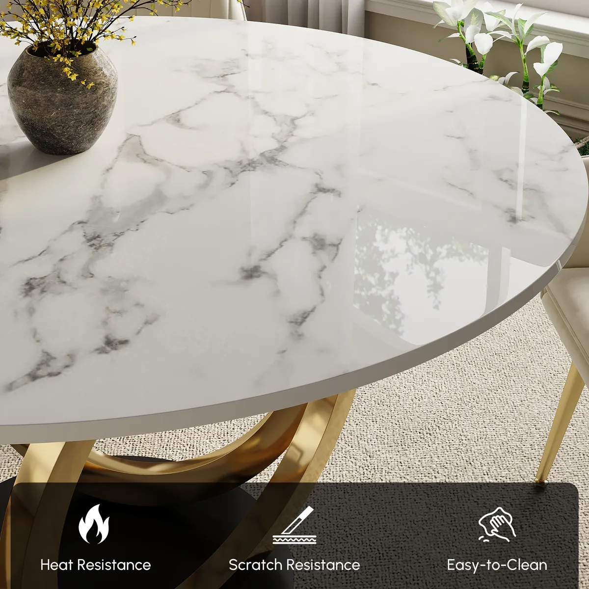 Dining Table Set 53.1" Faux Marble Dining Table White with 4 Velvet Chairs Modern — image 16