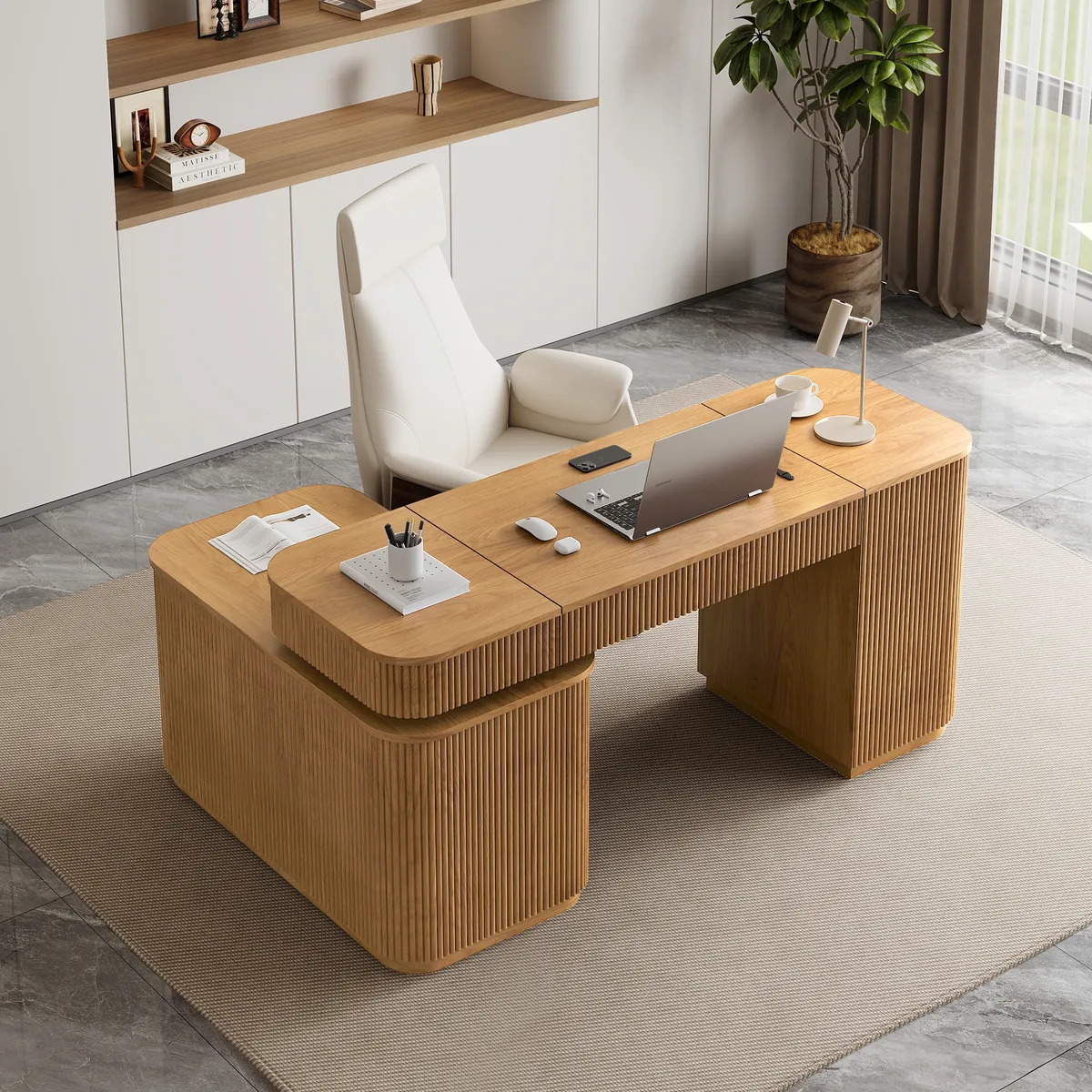Modern 65" L-Shape Natural Executive Desk with Right-Side Cabinet — image 19