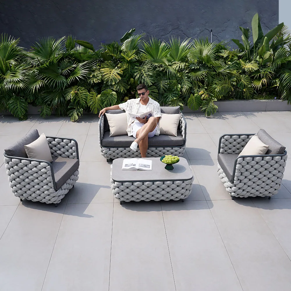 Martic 4-Piece Rope Outdoor Sofa Set with Marble Coffee Table Modern Yard & Patio Furniture for 4 Person in Gray Cushion & Pillow Included