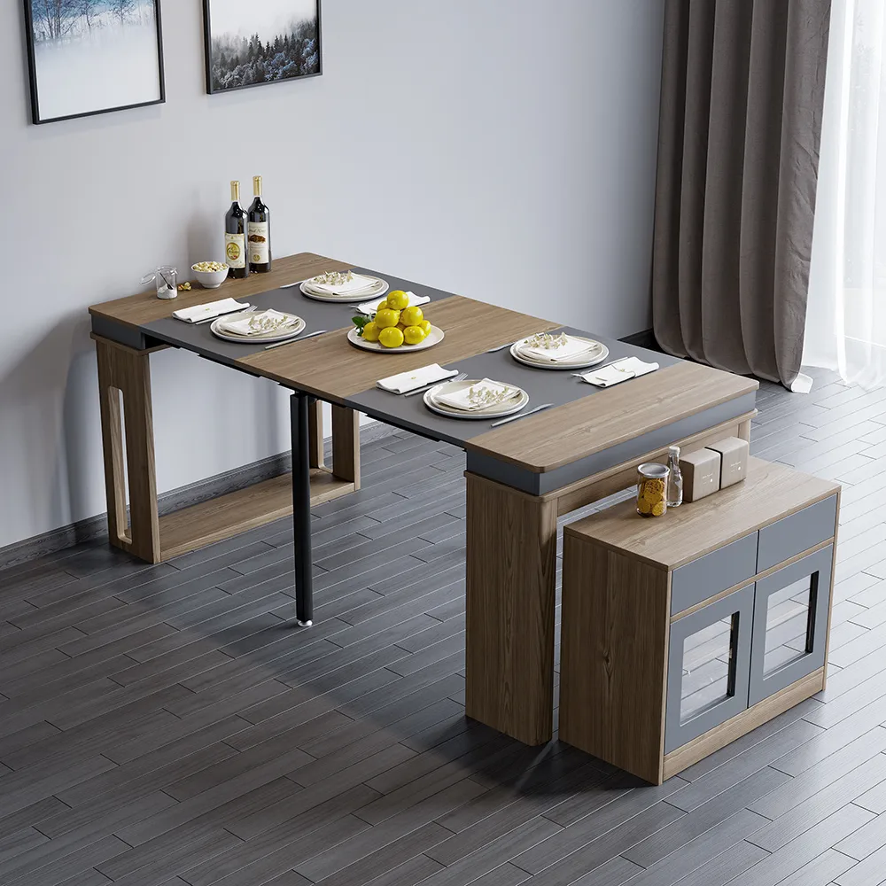 70.9" Rectangle Extendable Dining Table with Storage Sideboard for 4 Farmhouse Walnut & Gray Expandable Table